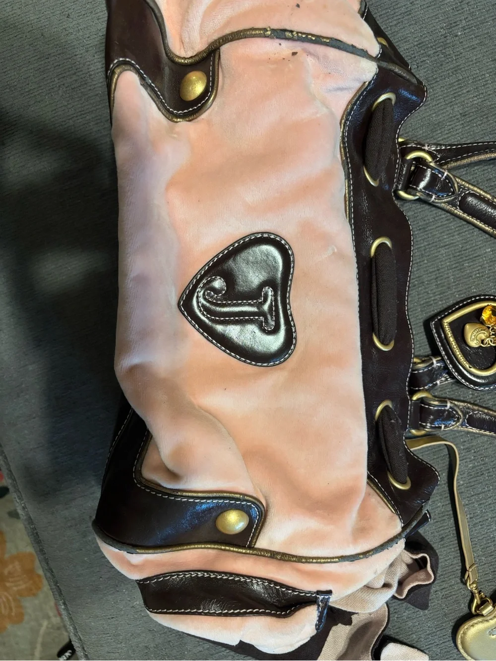 💕Rare Vintage Y2K Juicy Couture Pink Velour Brown Tote Purse Heart Charms 💕